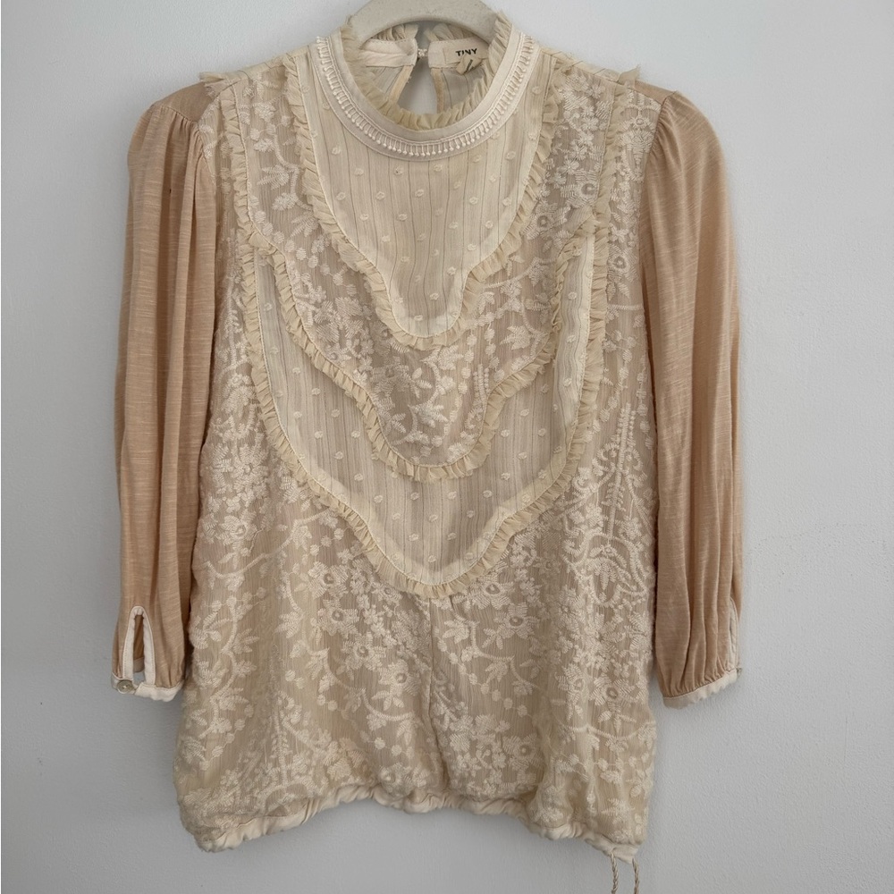 Zara Tan Ruffled 3/4 Sleeve Blouse with Bib Collar